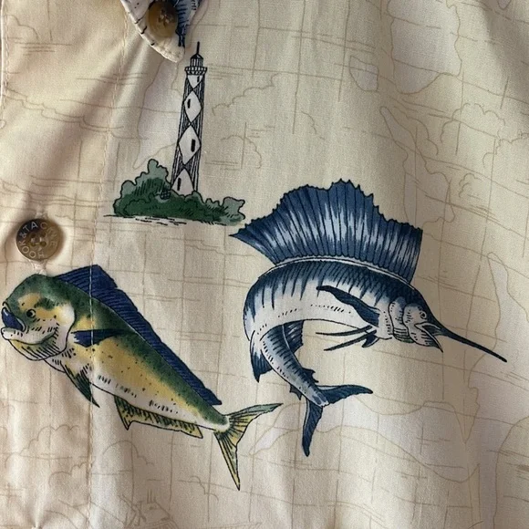HOOK & TACKLE Swordfish Lighthouse Fishing Nautical Map Button Down Size Medium - Picture 3 of 11